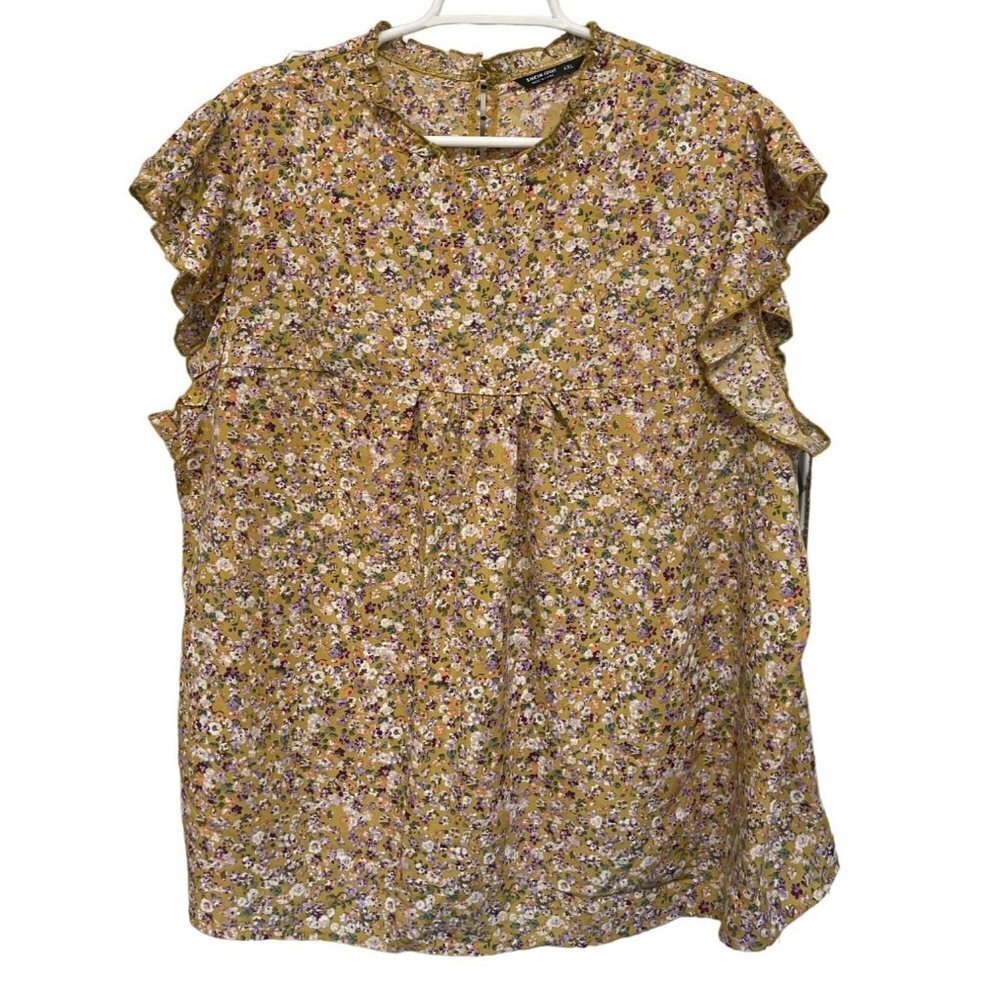 SHEIN Curve Top Blouse Shirt Mustard Yellow Purple Floral Ruffled Smock Size 4XL